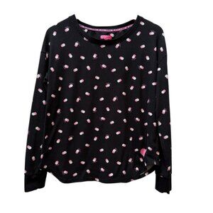 Betsey Johnson Black Pink White Polka Dot Heart Embroidered Long Sleeve Top Sz S